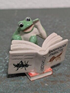 Vintage Small Frog Figurine Reading Entomology Book Ceramic Insects